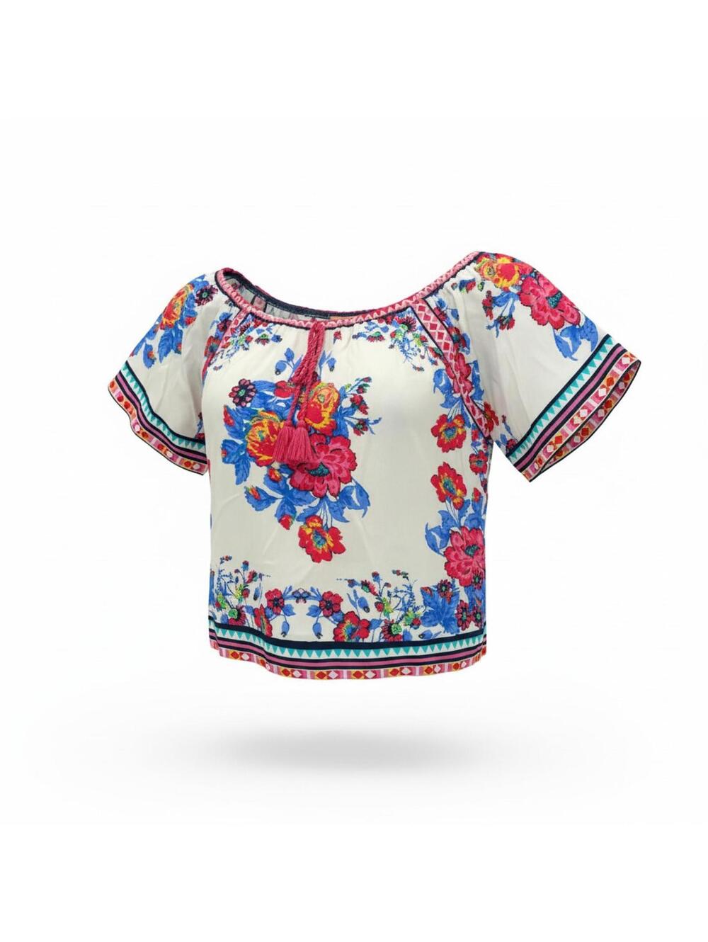 Flying Tomato Cream Boho Floral Off-Shoulder Top with Pink and Blue Accents